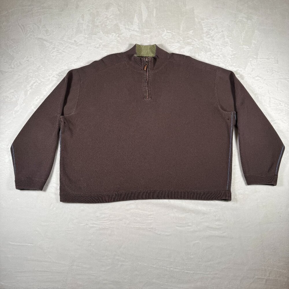 Tommy Bahama Sweater Men 3XL Reversible Brown Green 1/4 Zip Mock Neck Embroidery